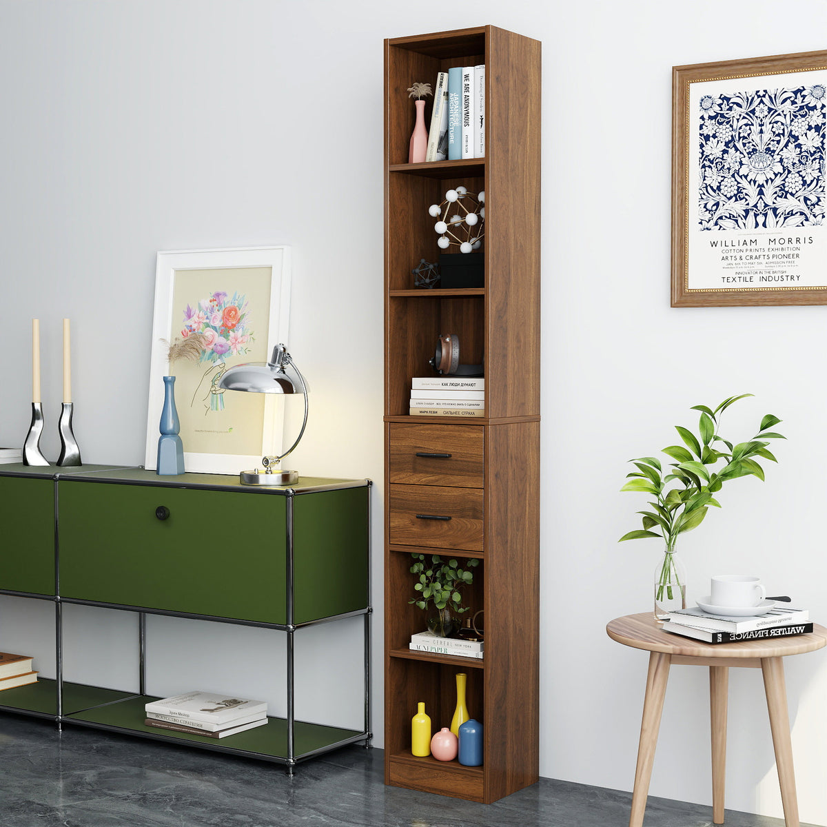 Tall Narrow Bookshelf, Slim Floor-Standing Storage Cabinet with 2 Drawers & 5 Open Shelves, Display cabinet for Living Room, Bedroom, Bathroom
