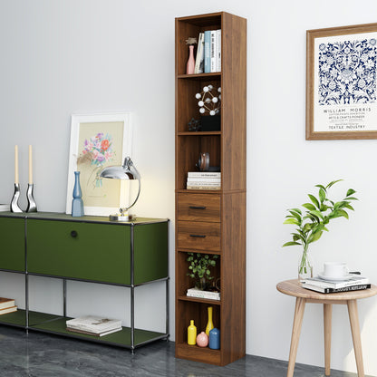 Tall Narrow Bookshelf, Slim Floor-Standing Storage Cabinet with 2 Drawers & 5 Open Shelves, Display cabinet for Living Room, Bedroom, Bathroom