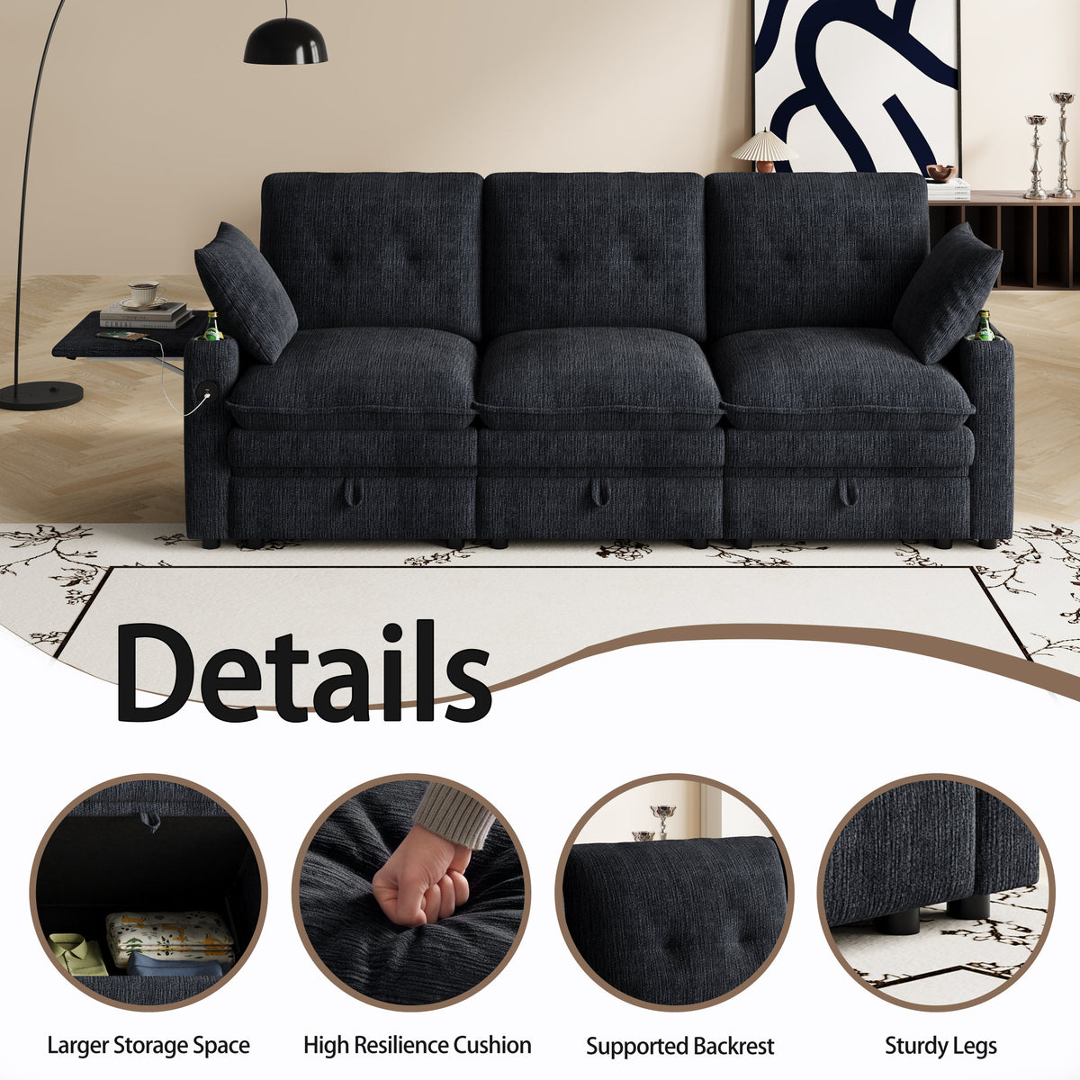 89-inch three-person cloud sofa with storage, armrests featuring hidden tabletop and USB ports, and armrests with storage function. High-quality cashmere three-person sofa. Suitable for living rooms,