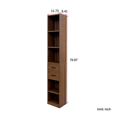 Tall Narrow Bookshelf, Slim Floor-Standing Storage Cabinet with 2 Drawers & 5 Open Shelves, Display cabinet for Living Room, Bedroom, Bathroom