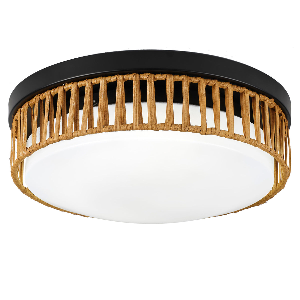 11.81" LED Flush Mount Ceiling Light, 14W 5CCT Selectable, Black & Wood Grain Metal Frame, Acrylic Shade