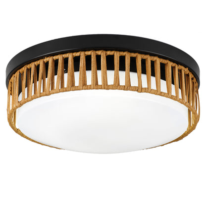 11.81" LED Flush Mount Ceiling Light, 14W 5CCT Selectable, Black & Wood Grain Metal Frame, Acrylic Shade