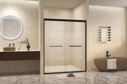 Modern Matte Black Aluminum Frame Double Sliding Shower Door, 50-54' W × 72' H, 6mm Tempered Glass with Explosion Proof Film, Stainless Steel Handle