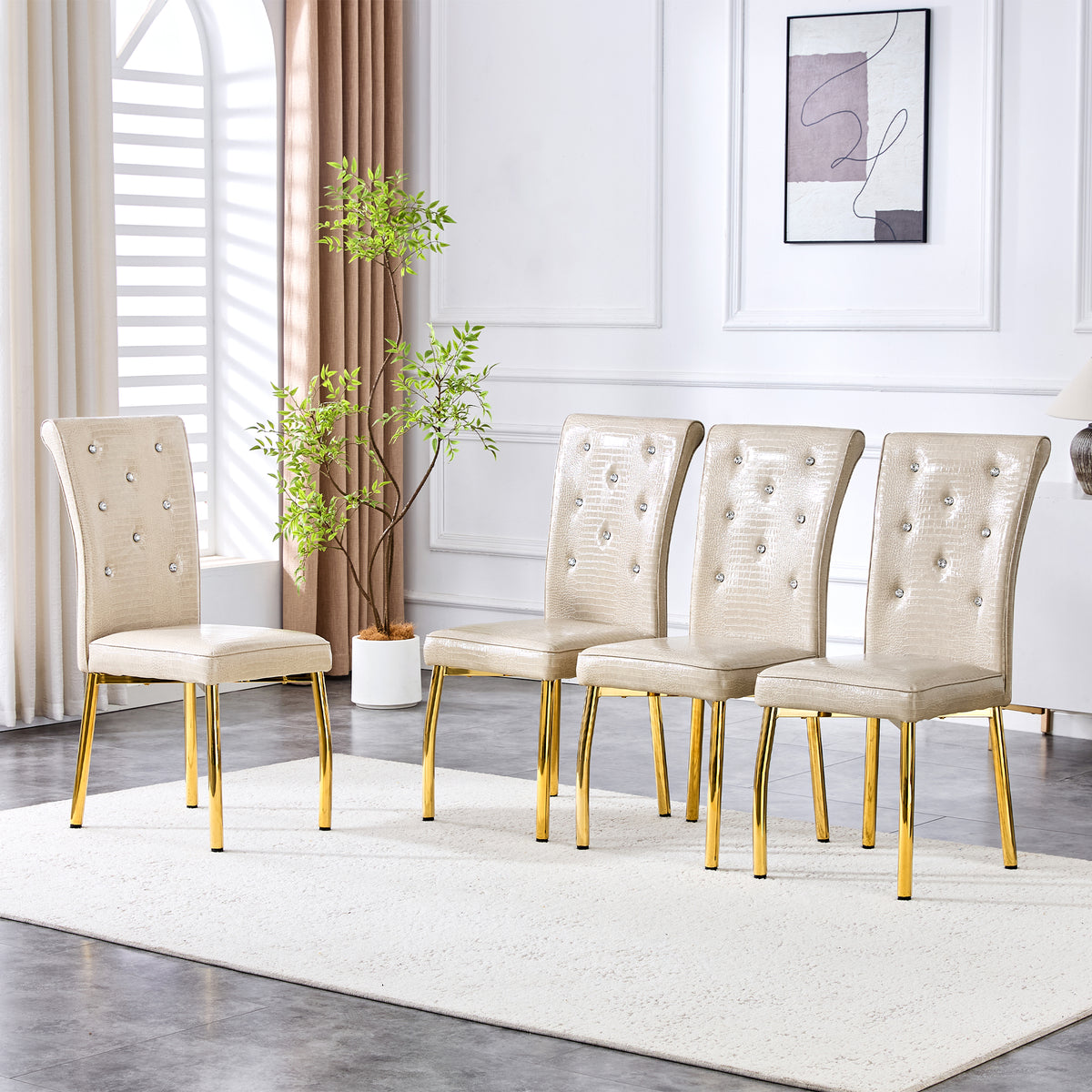 A set of 2 beige and gold vintage crocodile leather cushioned dining chairs, featuring crystal clasp design and artificial leather design, adding a touch of elegance and mystery to the dining area