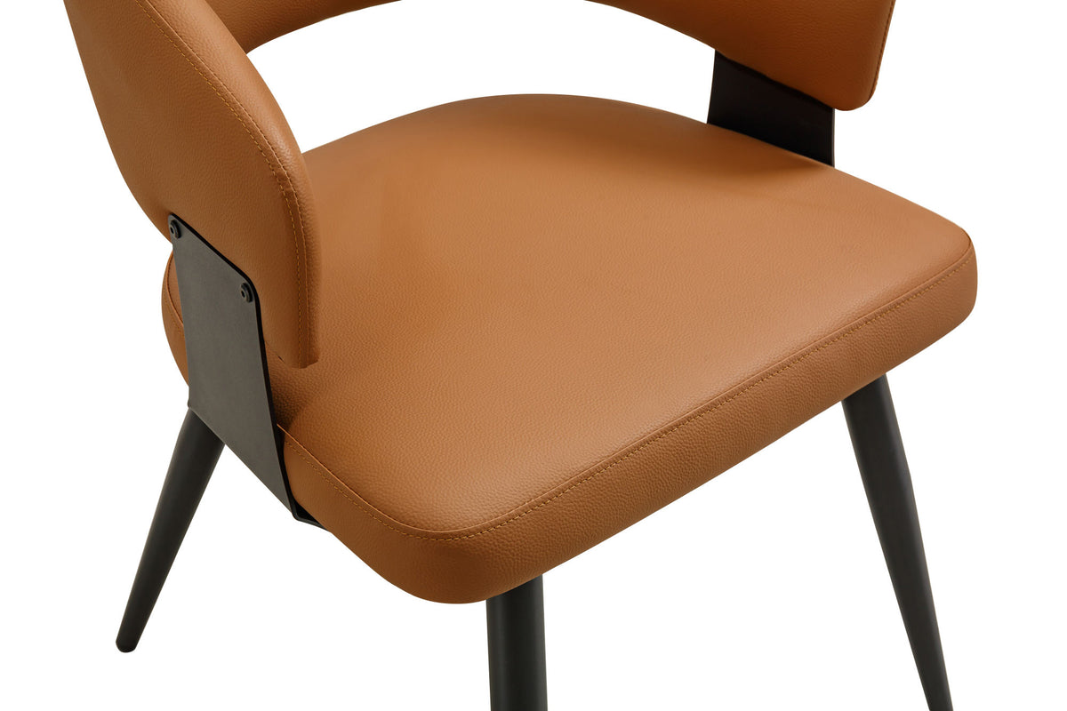 Modern Kitchen Dining Chair Set (2-piece set), brown faux leather soft cushion, curved wrap-around backrest, reinforced metal frame with sturdy black metal legs, easy to clean, suitable for home kitch