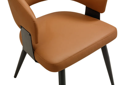 Modern Kitchen Dining Chair Set (2-piece set), brown faux leather soft cushion, curved wrap-around backrest, reinforced metal frame with sturdy black metal legs, easy to clean, suitable for home kitch