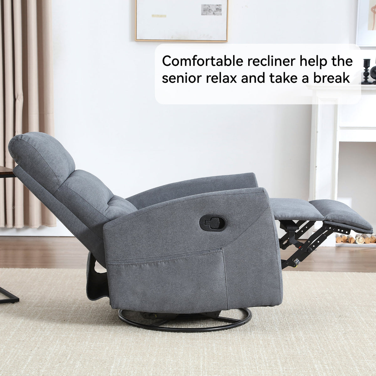 Manual Recliner Chair with Rocker and Swivel in Fabric, Grey