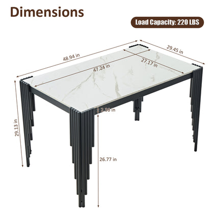 Modern 49" Rectangular Dining Table, White Marble-Look MDF Top with Black Metal Legs, Space-Saving Kitchen Desk for Small Apartments, Easy Assembly