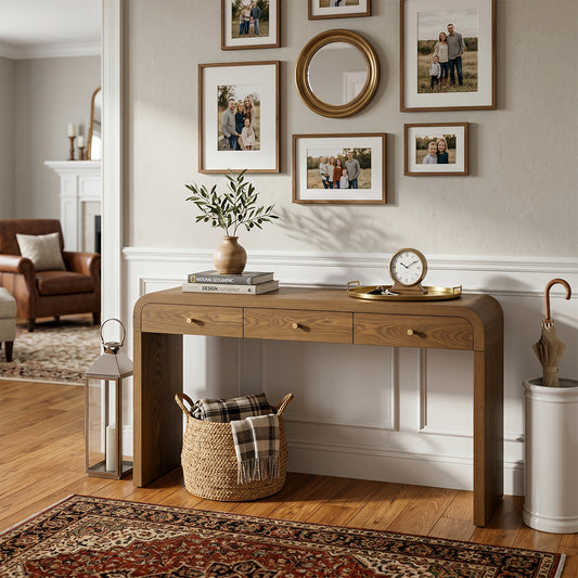 Walnut Curved Design 3-Drawer Long Console Table,  Entryway Sofa Table with Gold Pull Handles, Storage Accent Table for Living Room Hallway Foyer