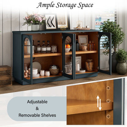 TREXM 4-Door Large Storage Buffet Cabinet with Glass Doors, Arched Cabinet with Adjustable Shelves - Navy