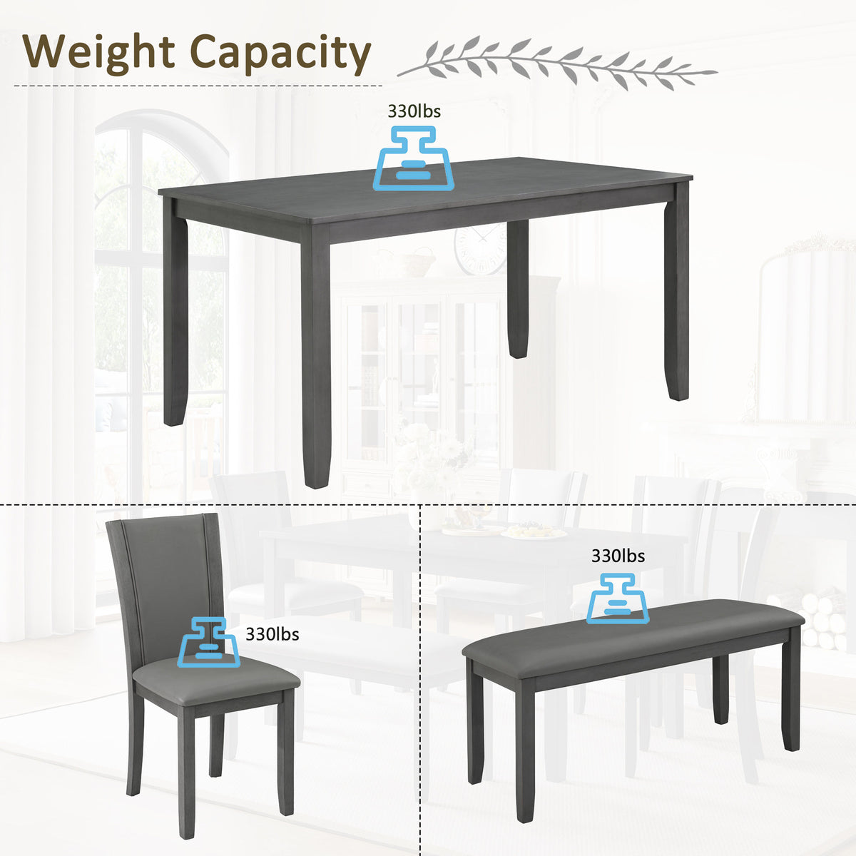 Modern 6-Piece Dining Table Set with Bench and Chairs for Dining Room or Kitchen – Grey