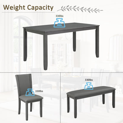 Modern 6-Piece Dining Table Set with Bench and Chairs for Dining Room or Kitchen – Grey