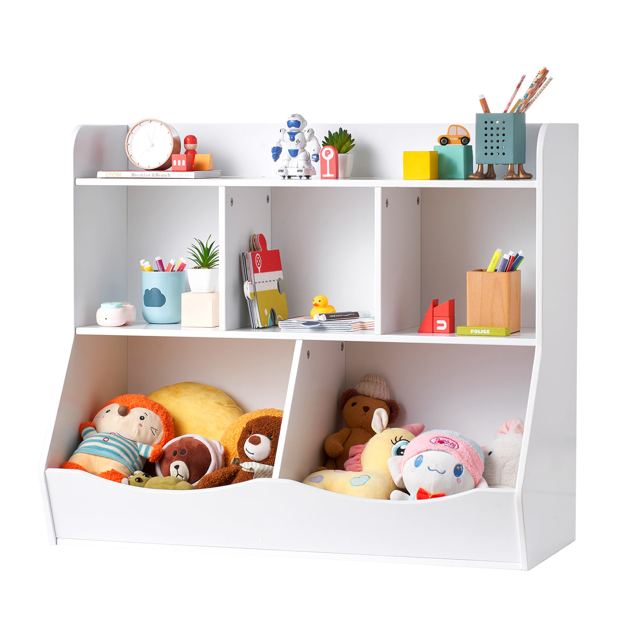 Wood Kid Storage Cubby, Toy Storage Organizer with Bookshelf, 5-Cubby Wood Toy Storage Cabinet, Children Book Toy Shelf, Kindergarten, White
