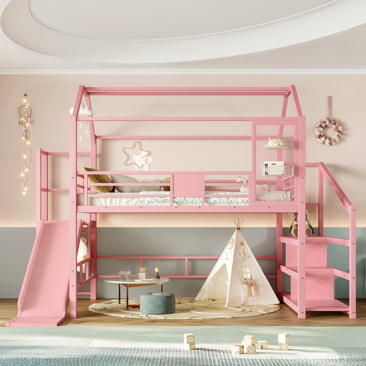 Full House Loft bed with Slide and Stairs, Metal Playhouse Bed with Storage Shelves, House-shaped Roof and Noise-free Design, Pink