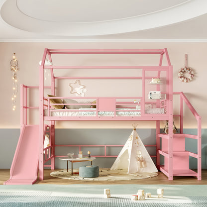 Full House Loft bed with Slide and Stairs, Metal Playhouse Bed with Storage Shelves, House-shaped Roof and Noise-free Design, Pink