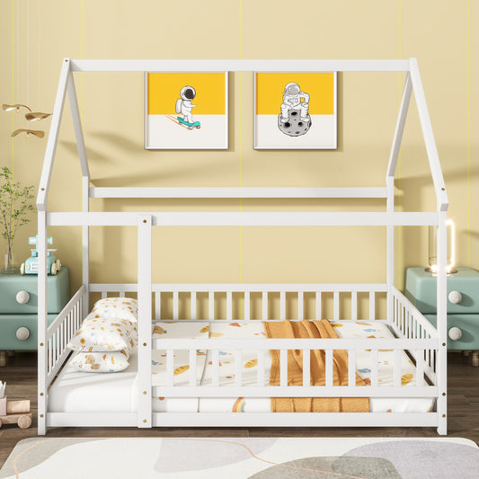 Full Size House Floor Wooden Bed with Roof Frame, Safety Guardrails,Whtie
