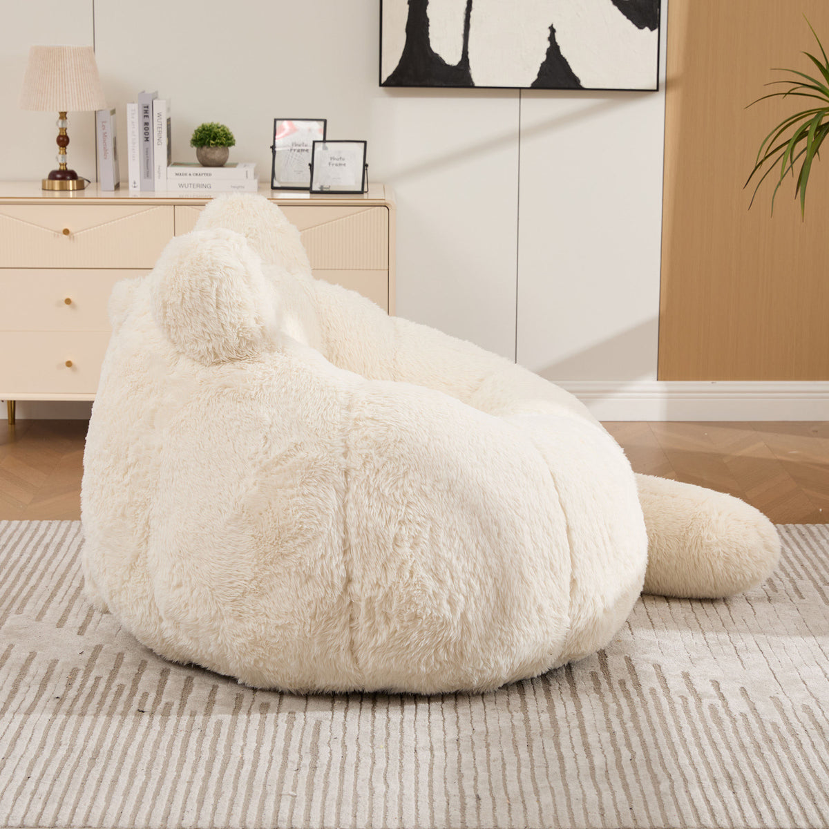 41.7'' W Boneless Single Sofa, Faux Fur Large Bean Bag, Cat Shaped with Tail Pillow Fluffy Beanbag, Comfy Accent Floor Chair for Reading, Gaming Nap Lounge in Living Room Bedroom Dorm Apartment, Beige