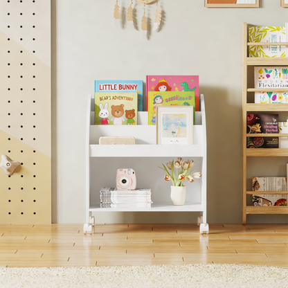 Kids Bookshelf with Wheels, 3-Tier Front Display Bookcase, MDF Rolling Book Organizer with 360° Lockable Casters, Children Storage Shelf for Nursery Bedroom Playroom