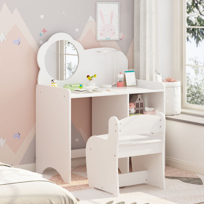 Kids Vanity Table with Mirror and Chair, Wooden Children's Dressing Makeup Desk with Storage Shelves