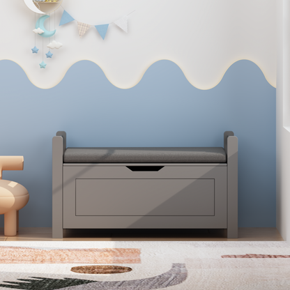 Kids Toy Box Chest for Boys Girls, Large Storage Cabinet with Cushion Seat Bench/ Flip-Top Lid/ Safety Hinge, Toy Storage Organizer Trunk for Nursery, Playroom (Gray)