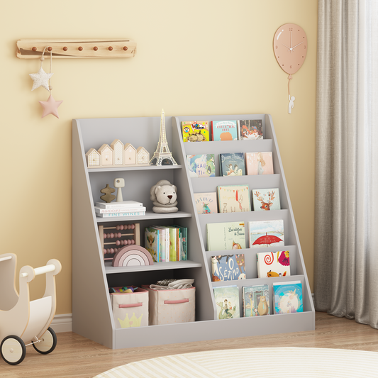Kids Bookshelf and Toy Storage Organizer, Multifunctional 4 Tier Wooden Kids Book Shelf with  Bookcase Display Stand in Kids Room Playroom Nursery for Kids, Children, Toddlers (Gray)
