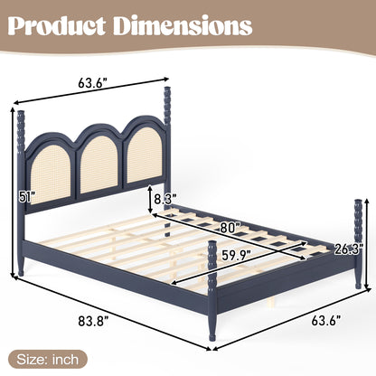 Queen Size Platform Bed with Arched Woven Headboard, Four Poster Stylish Wooden Bed Frame, Elegant Curved Headboard Bed Frame For Bedroom,Blue