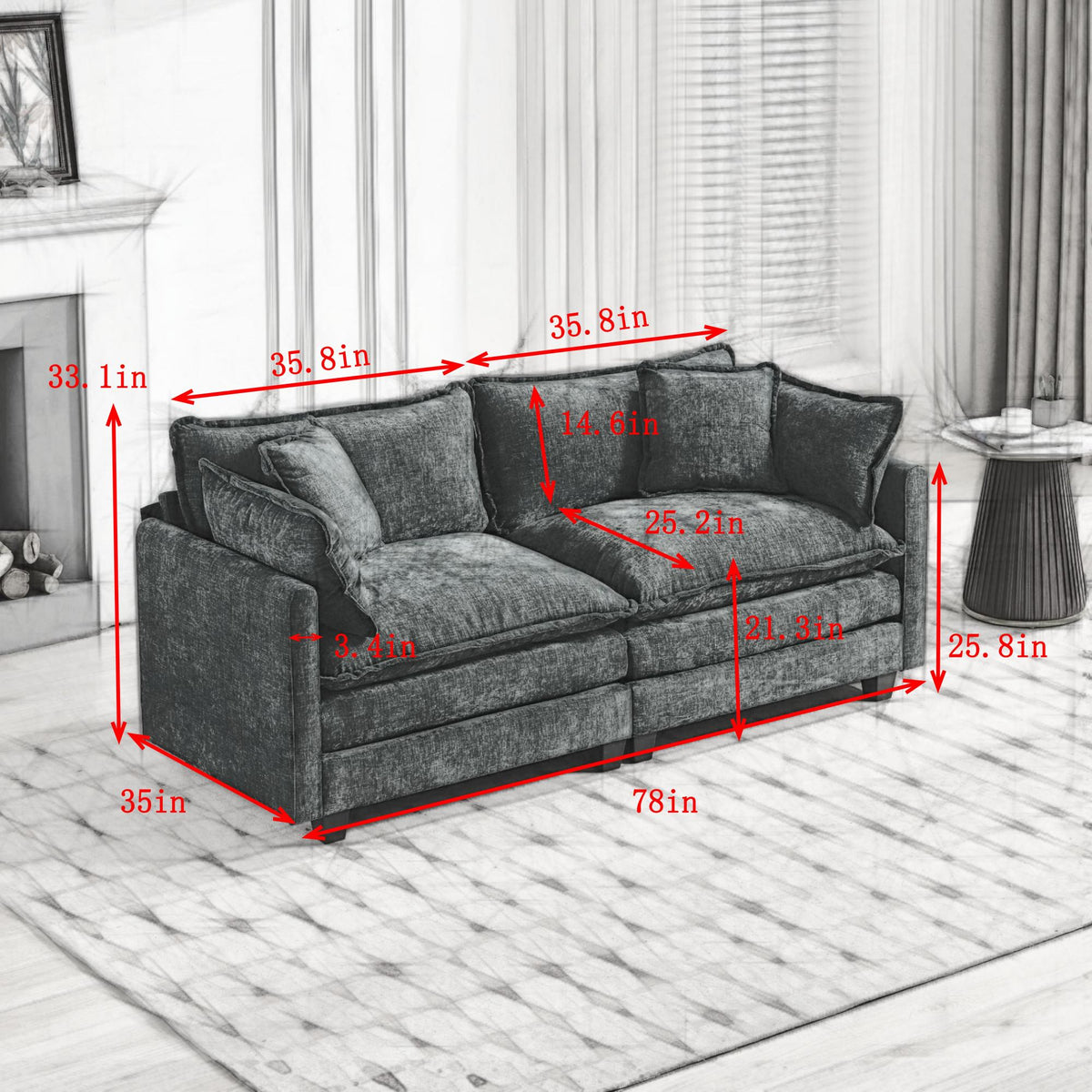 Cloud Sofa LoveSeat (Ottoman is not included), Modern Sectional Couch, Comfy Double Layer Upholstered Seat Cushion