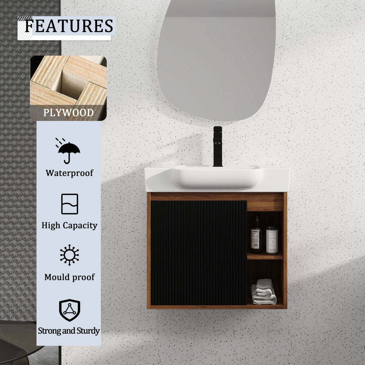 24'' Wall-Mounted Bathroom Vanity with White Ceramic Sink & Soft-Close Door, KD-Packing