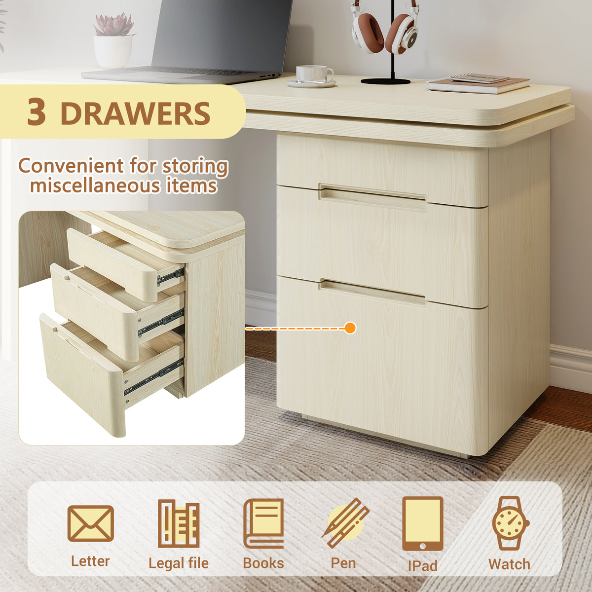 90" Modern L Shaped Desk in Natural Wood with 3 Drawers, 360° Wood Rotating Desk, Executive Office Desk, Corner Desk