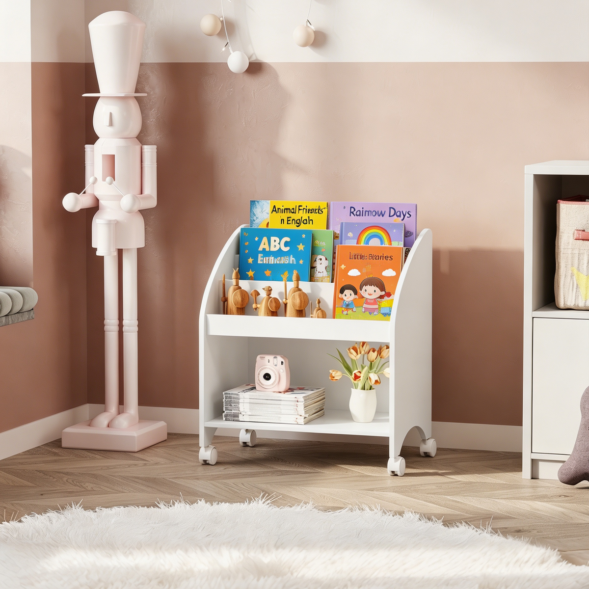 Kids Bookshelf with Wheels, 3-Tier Front Display Bookcase, MDF Rolling Book Organizer with 360° Lockable Casters, Children Storage Shelf for Nursery Bedroom Playroom