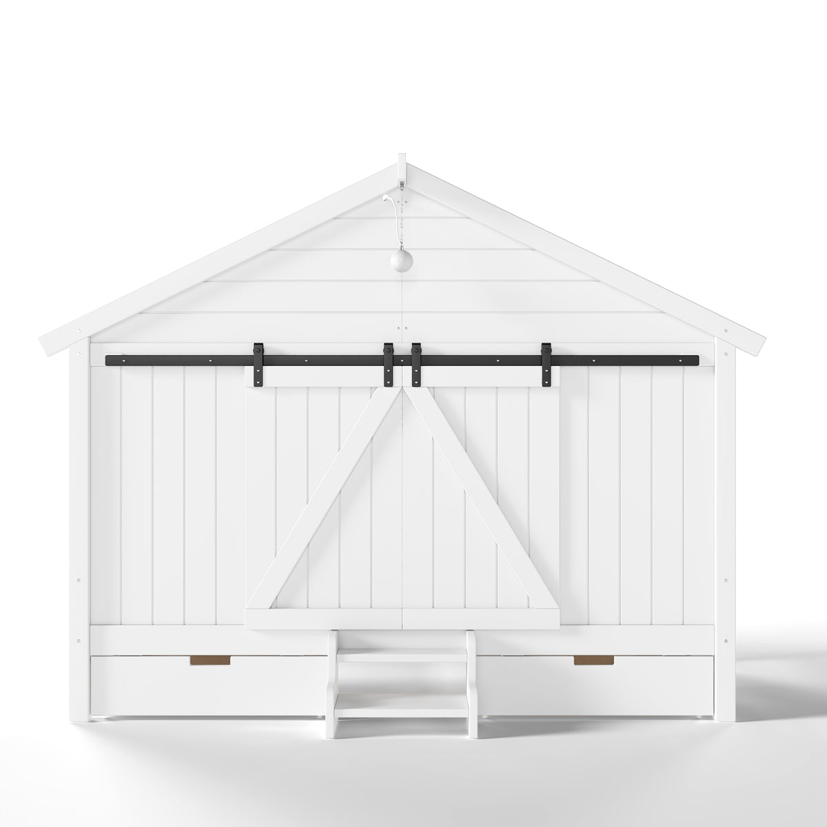 Twin Size Farmhouse Bed with Sliding Barn Door and Light Bulb, Wood house Bed Frame with Stair and Drawers, White