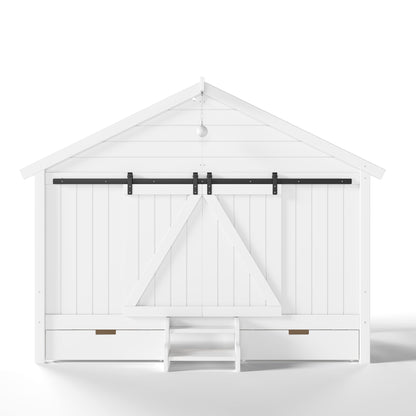 Twin Size Farmhouse Bed with Sliding Barn Door and Light Bulb, Wood house Bed Frame with Stair and Drawers, White
