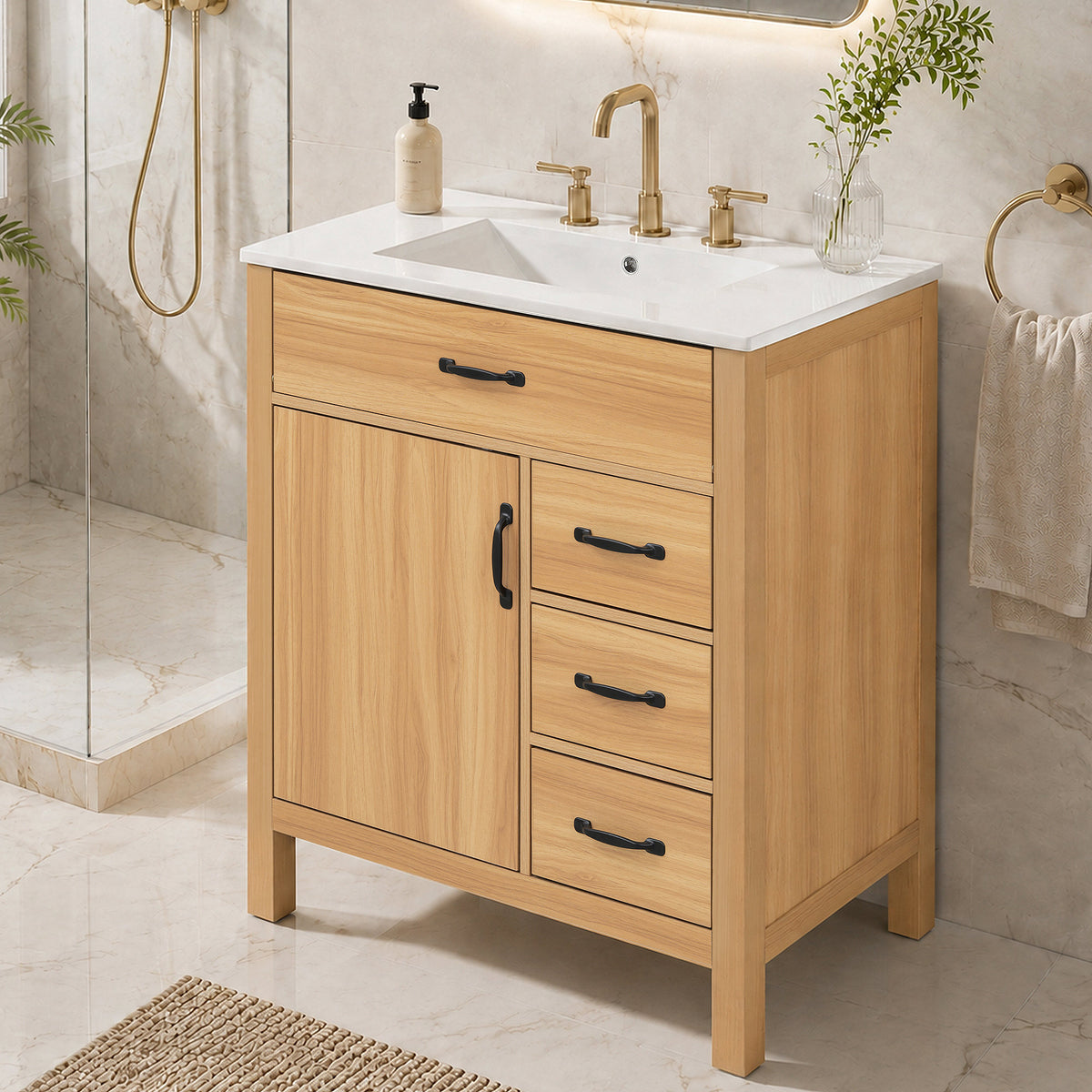 Modern 30 Inch Bathroom Vanity with Ceramic Sink, MDF Cabinet & Solid Wood Legs, Soft Close Drawers, Black Zinc Alloy Handles, Wood Finish