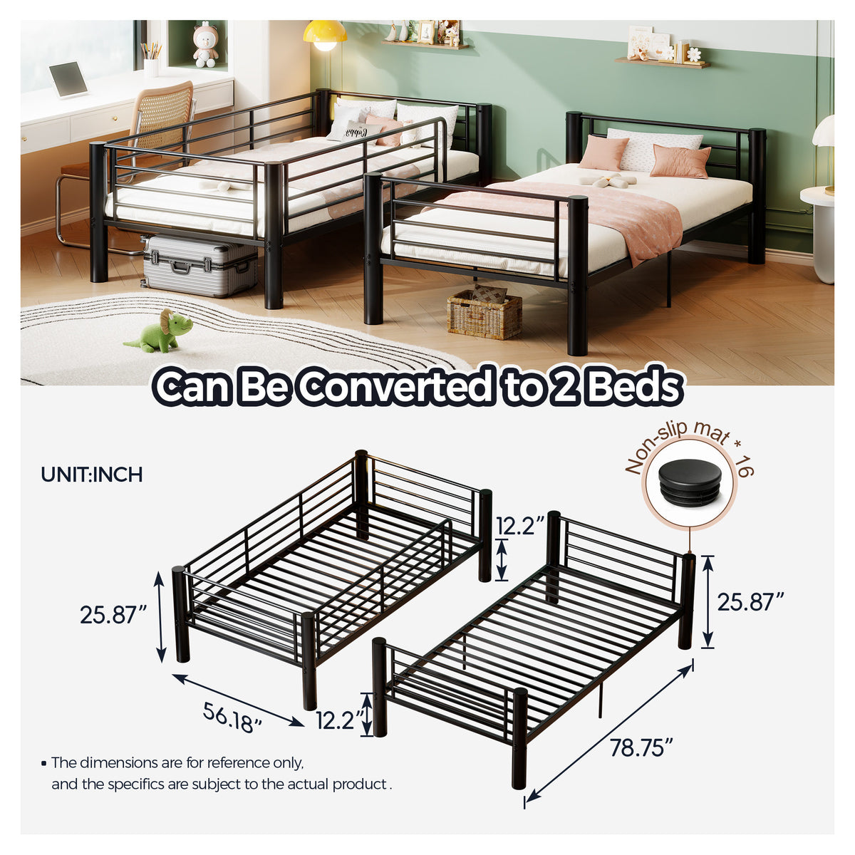 Metal Twin Over Twin Bunk Bed, Convertible into 2 Separate Twin Beds, 13.78" Full-Length Guardrails, Extra-Wide Ladder, Anti-Tip Brackets, Black Bunk Bed Frame for Kids, Teens & Adults