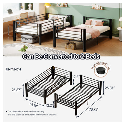 Metal Twin Over Twin Bunk Bed, Convertible into 2 Separate Twin Beds, 13.78" Full-Length Guardrails, Extra-Wide Ladder, Anti-Tip Brackets, Black Bunk Bed Frame for Kids, Teens & Adults