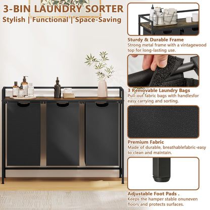 Laundry Hamper with Shelf, 3-Bin Laundry Sorter with Wood Top, Double Hamper with Removable Fabric Bags, Metal Frame, Freestanding Clothes Organizer for Bedroom, Bathroom, or Laundry Room