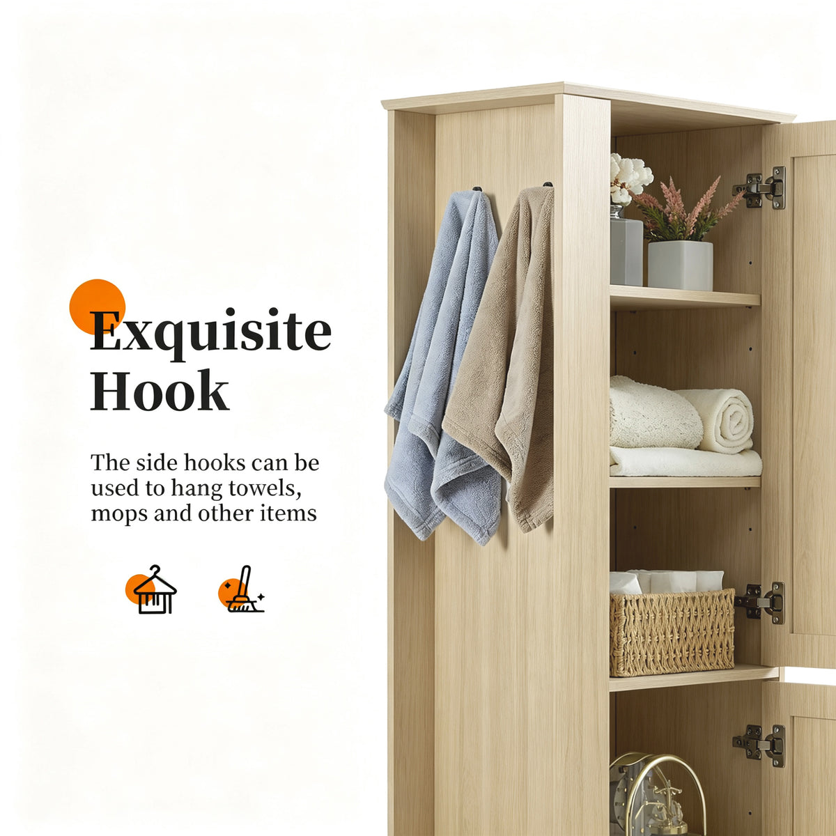Tall Bathroom Storage Cabinet, Freestanding Storage Cabinet with Hook and Adjustable Shelf, MDF Board, Natural