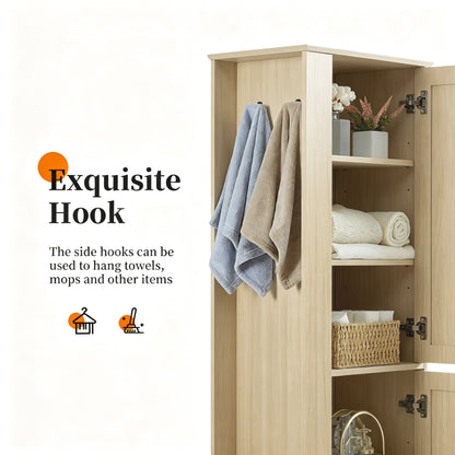 Tall Bathroom Storage Cabinet, Freestanding Storage Cabinet with Hook and Adjustable Shelf, MDF Board, Natural