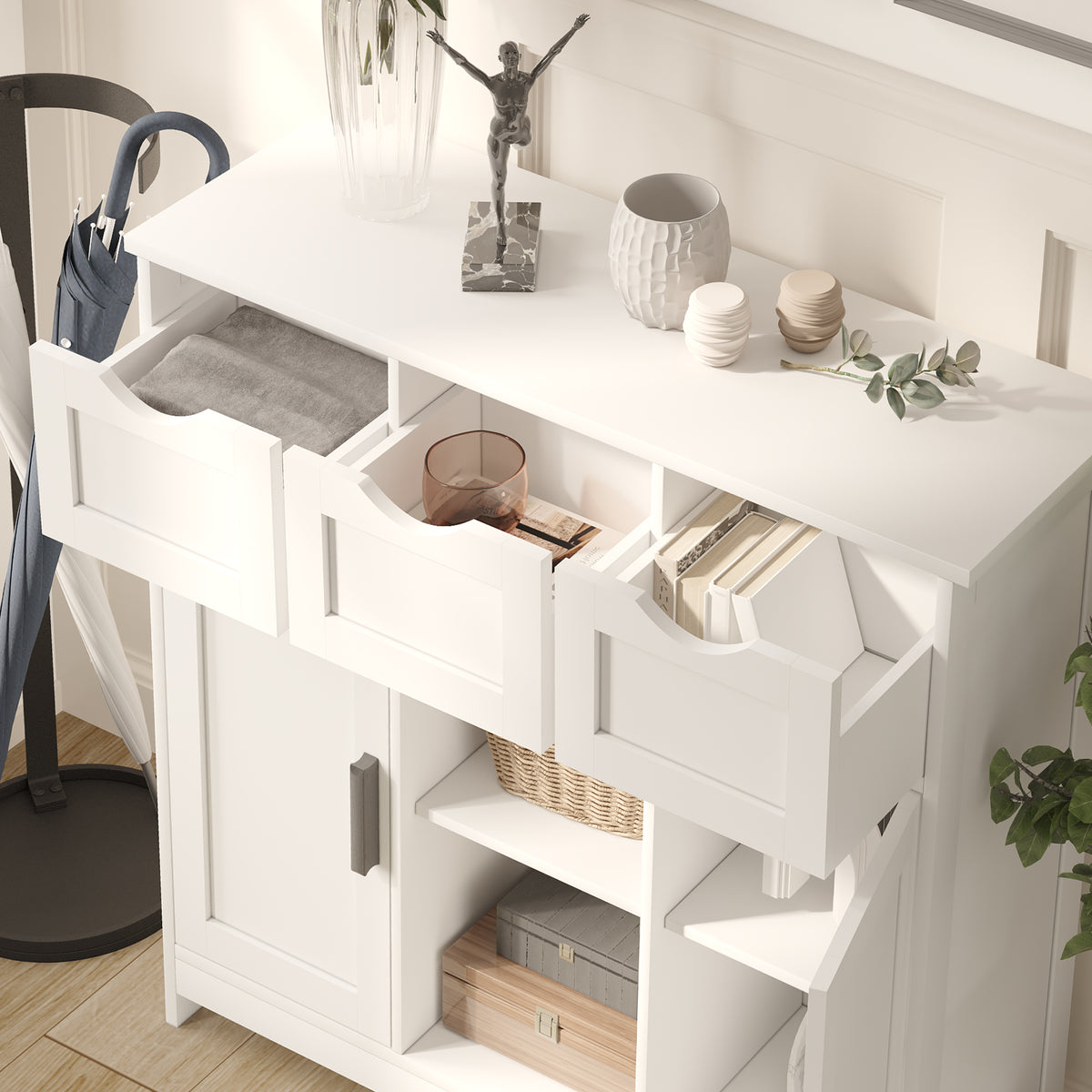 White Wooden Floor Storage Cabinets with Drawers and Shelves, Accent Cabinet for Home Decor