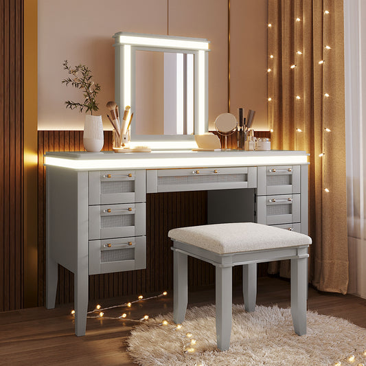 [OLD SKU: N704P337484E] 48" Vanity Desk with Mirror and Lights, Makeup Vanity with 7 Drawers and Cushioned Stool, Dressing Table with Hollow Design Drawer, Rubber Wood Legs, Greyblue