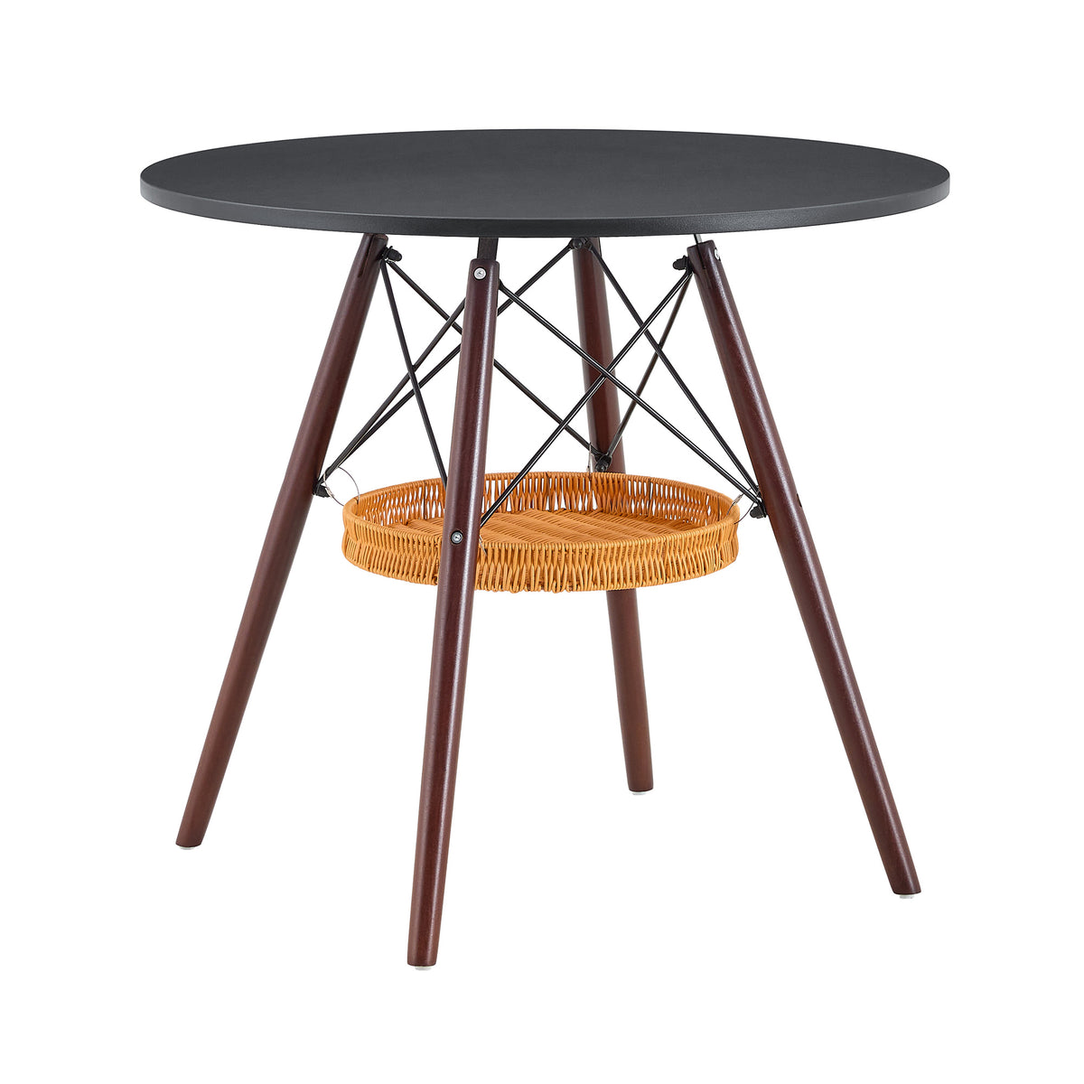 31.5-inch diameter circular dining table, black MDF vacuum formed tabletop, walnut solid wood legs