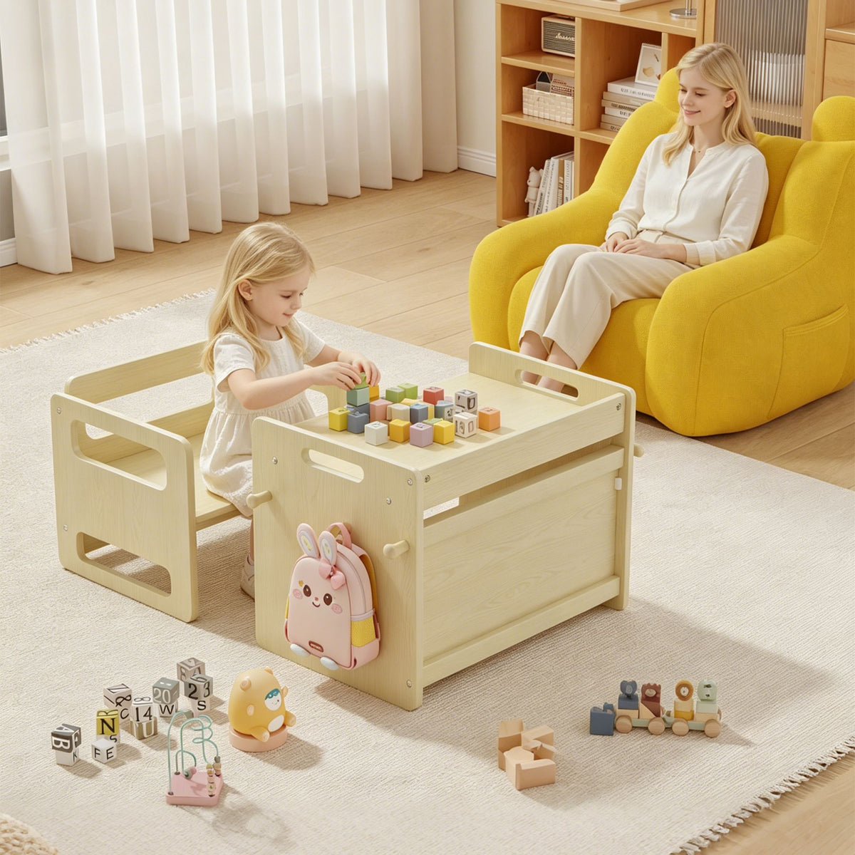 Montessori Weaning Table and Chair Set, Adjustable Wooden Toddler Table and Chair Set, Kids Activity & Play Table for Eating, Drawing, Learning and Playing(Natural)