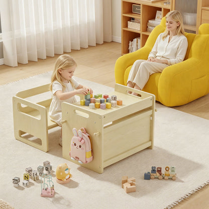 Montessori Weaning Table and Chair Set, Adjustable Wooden Toddler Table and Chair Set, Kids Activity & Play Table for Eating, Drawing, Learning and Playing(Natural)