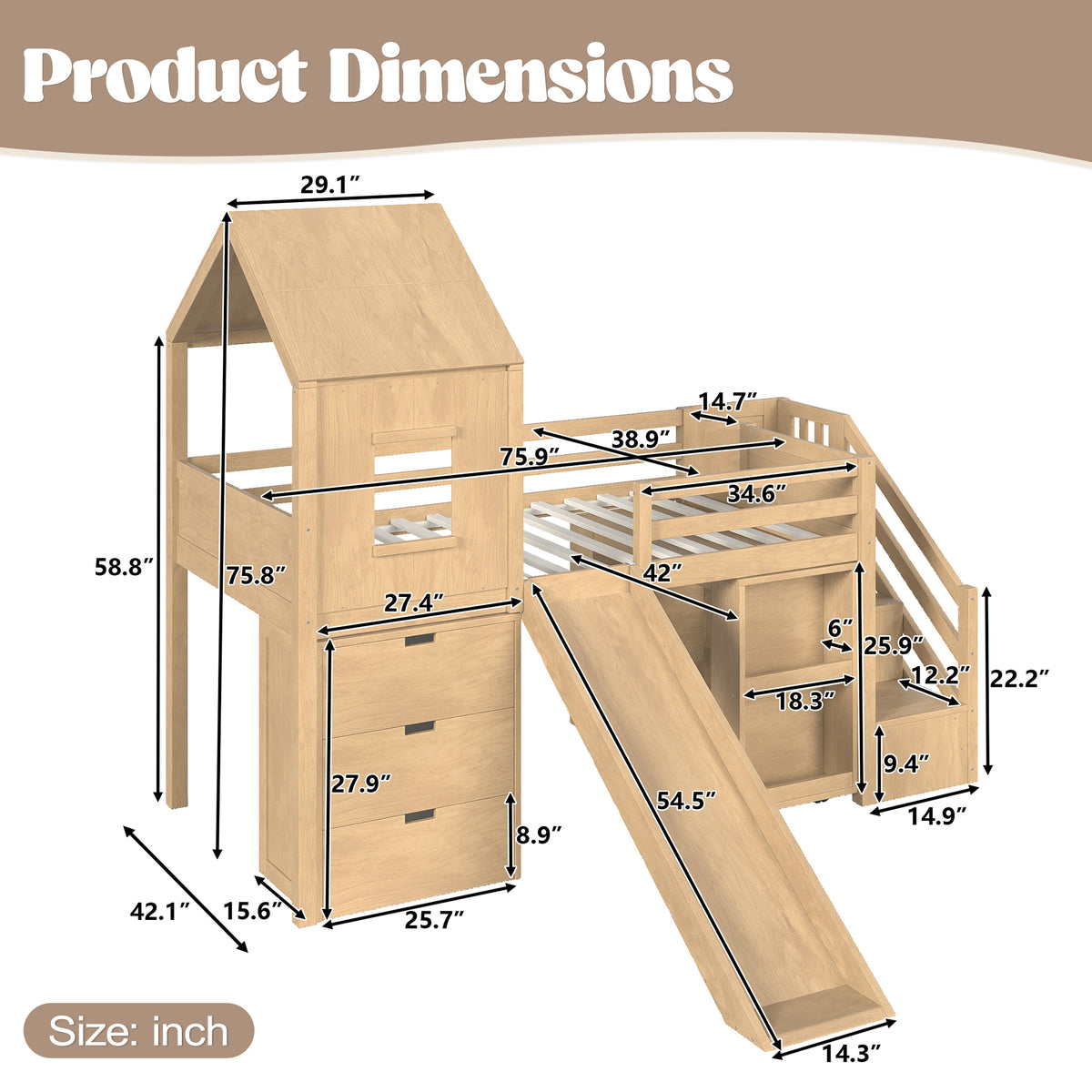 Twin Playhouse Loft Bed with Integrated Storage Drawers, Open Stair Shelves & Pull Out Desk, Kids Low House Loft Bed with Slide and Play Window, Natural