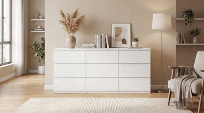 9 Drawer Dresser with No Handle Design, Modern White Matte Wood Dresser, Storage Chest of Drawers – Model W409P371352