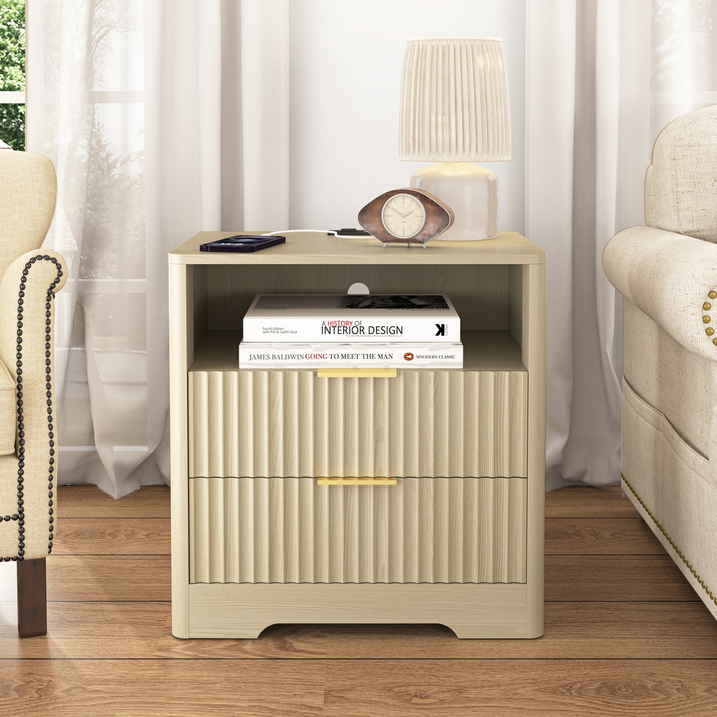 Nightstand with Charging Station, Smart Nightstand with Night Light,Bedside Tables with Storage Cabinet for Bedroom, Wood