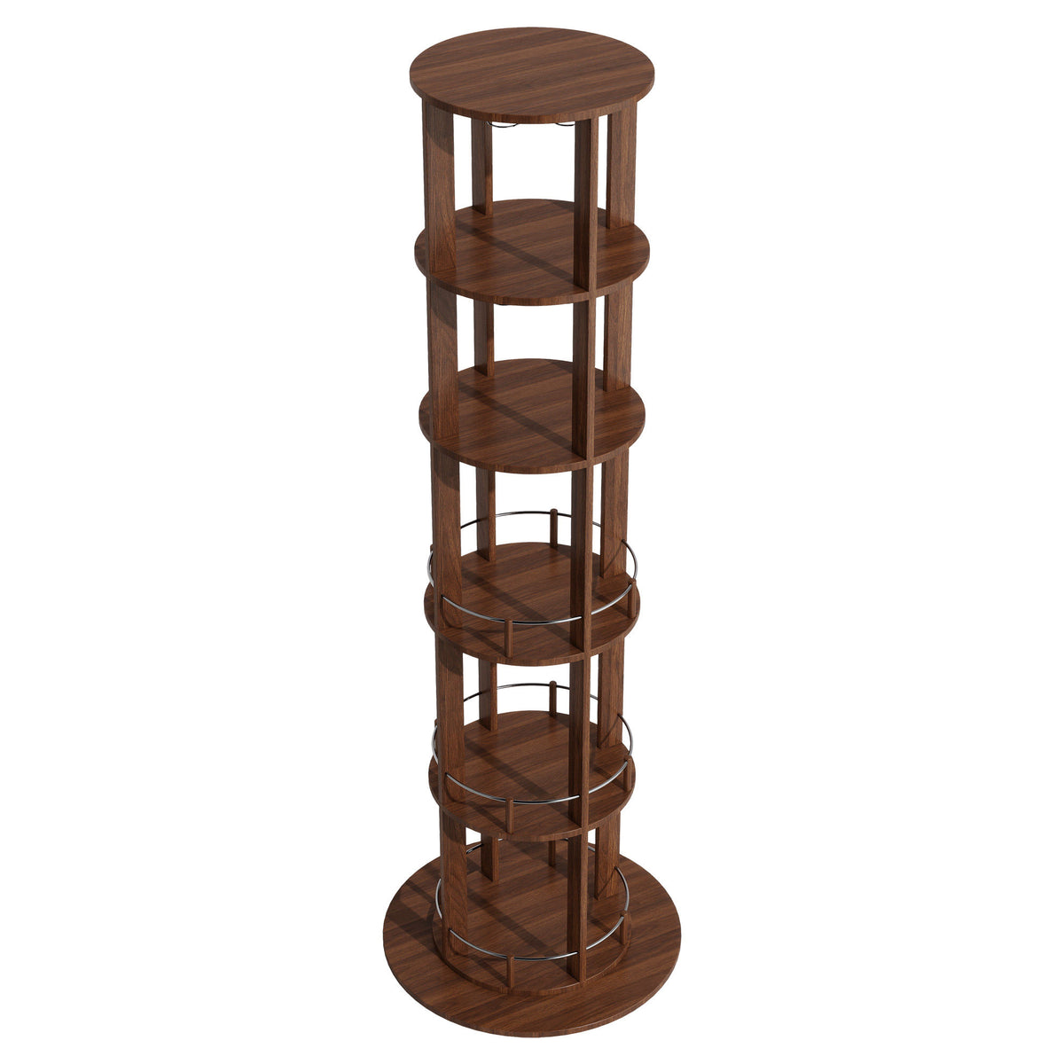 73" Tall Round Wine Rack, Freestanding Wine Bar Cabinet With 360° Rotating Design Wine Glass Rack, 360° Smooth Rotation & Stable Base, 3-Tier Storage Shelf, MDF & Metal, Walnut