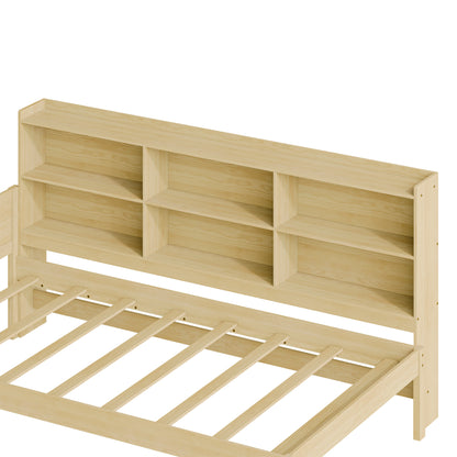 Twin Size Solid Wood Single Bed with Large Multi-compartment Storage Headboard Bookshelf, Simple Solid Wood Bed Frame, Multi-functional Storage Bed for Bedroom,Natural