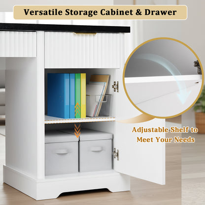 55" Modern Fluted Office Desk with Storage Cabinet & Drawers, Computer Writing Desk with Power Outlet, Pegboard