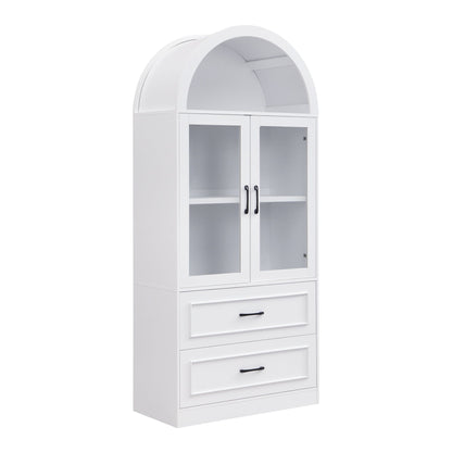 [Video] Modern Minimalist Arched Top Storage Cabinet with Tempered Glass Doors, Fixed 2-Tier Shelves, 2 Large Drawers, Soft Close Hinges & Exquisite Metal Handles, White